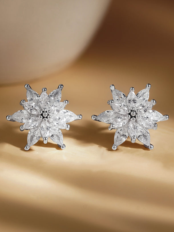 925 Fine Silver Crystal Floral Stud Earrings