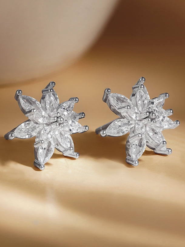 925 Fine Silver Crystal Floral Stud Earrings