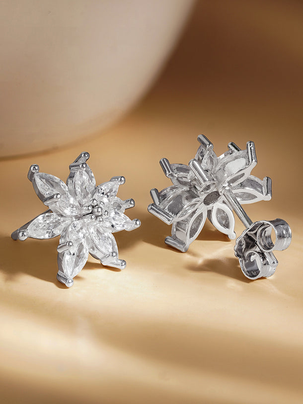 925 Fine Silver Crystal Floral Stud Earrings