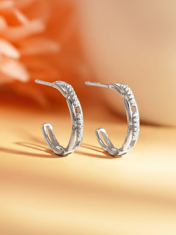 925 Fine Silver Minimal Crystal Half-Hoop Earrings