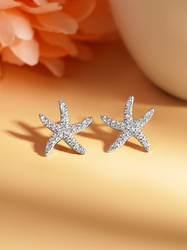 925 Fine Silver Glittering Zirconia Starfish Stud Earrings