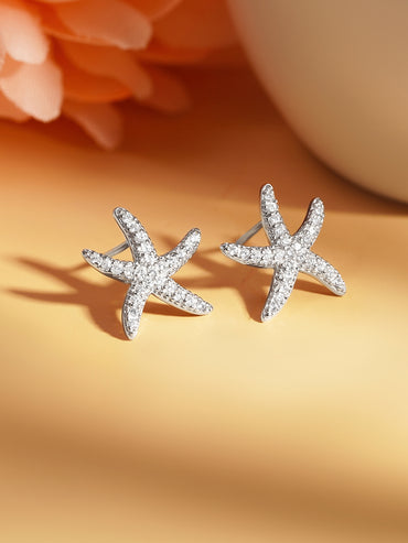 925 Fine Silver Glittering Zirconia Starfish Stud Earrings