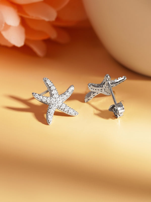 925 Fine Silver Glittering Zirconia Starfish Stud Earrings