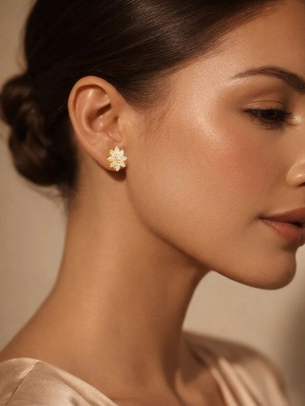 925 Fine Silver Floral Gold Zirconia Stud Earrings