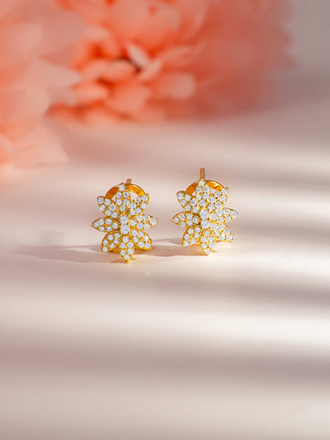925 Fine Silver Floral Gold Zirconia Stud Earrings