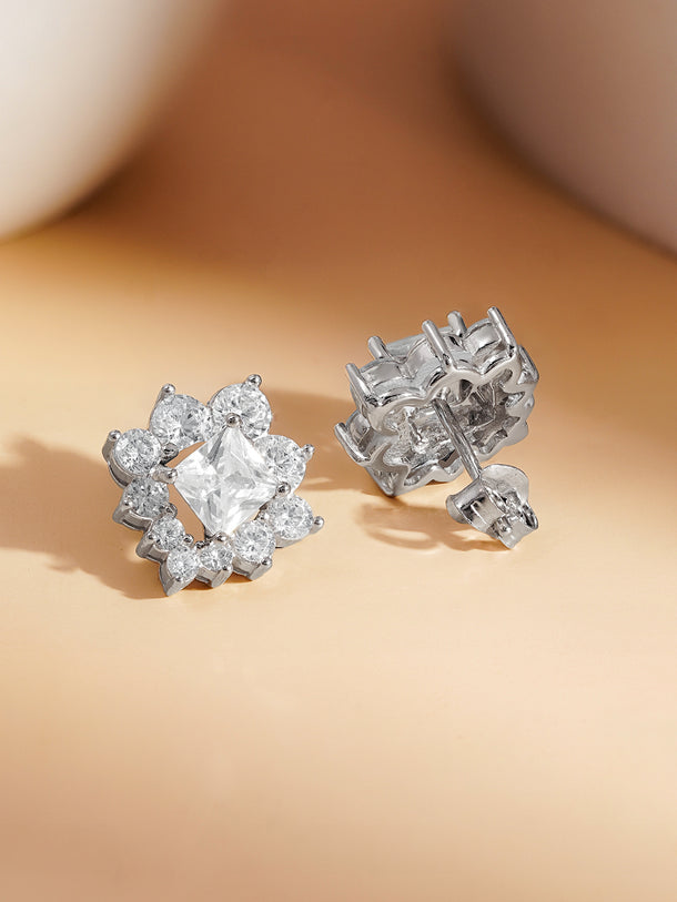 925 Fine Silver Crystal Floral Stud Earrings