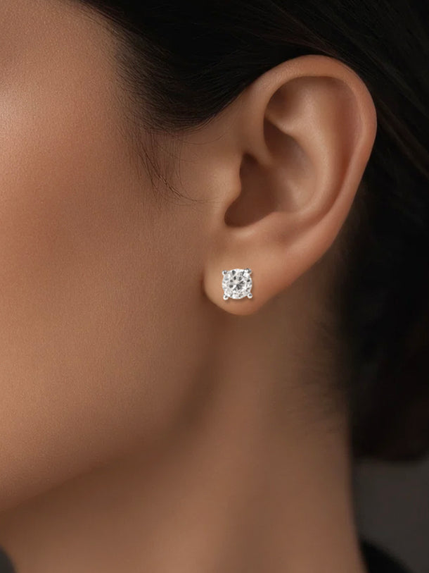 925 Fine Silver Solitaire Diamond Stud Earrings