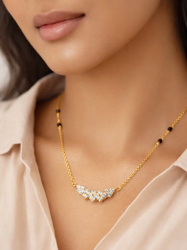 925 Fine  Silver Floral Cluster Diamond Mangalsutra