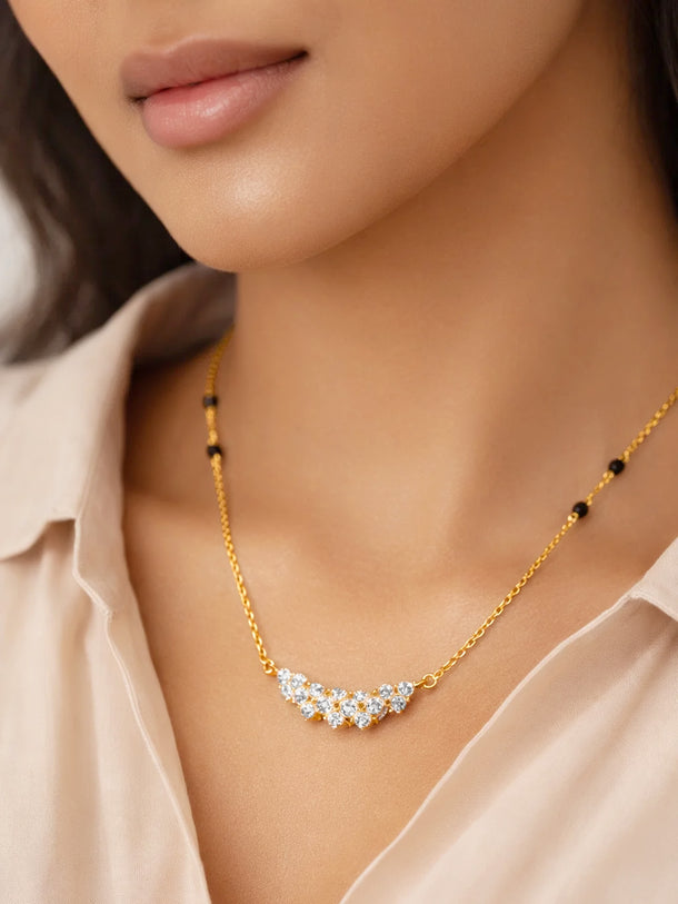 925 Fine  Silver Floral Cluster Diamond Mangalsutra