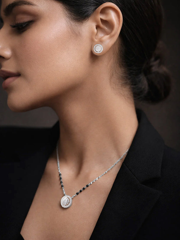 925 Fine  Silver Solitaire Diamond Mangalsutra Set