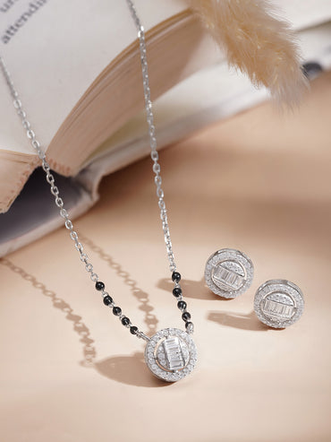 925 Fine  Silver Solitaire Diamond Mangalsutra Set