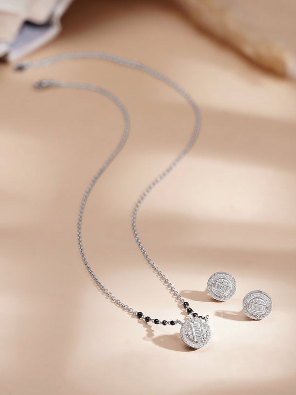 925 Fine  Silver Solitaire Diamond Mangalsutra Set