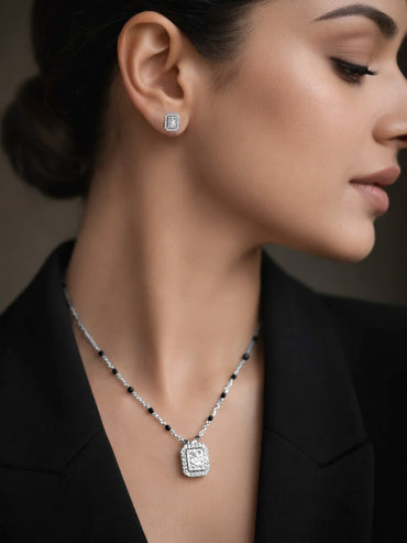925 Fine  Silver Diamond Frame Mangalsutra Set