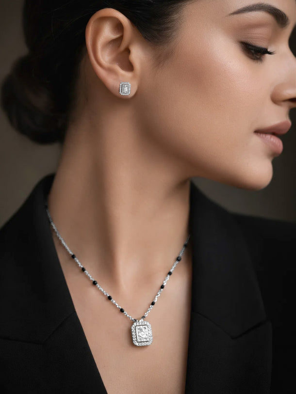 925 Fine  Silver Diamond Frame Mangalsutra Set