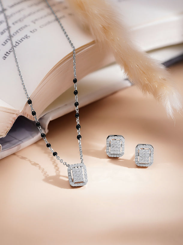 925 Fine  Silver Diamond Frame Mangalsutra Set