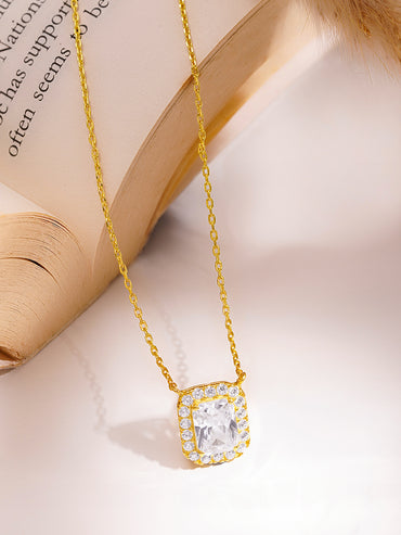 925 Fine Silver Cushion Halo Diamond Pendant Necklace