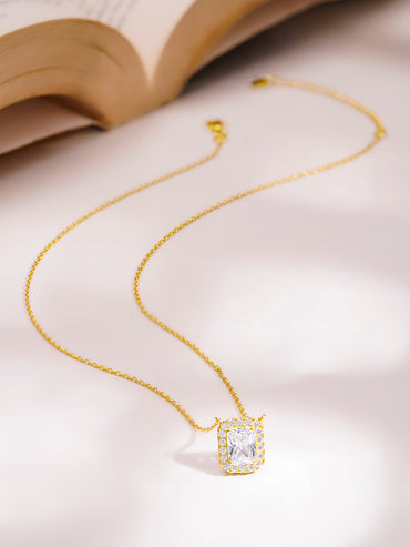 925 Fine Silver Cushion Halo Diamond Pendant Necklace