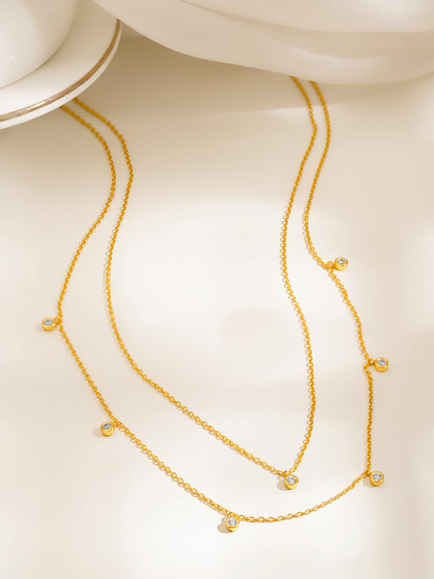 925 Fine Silver Layered Crystal Charm Necklace
