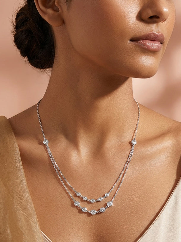 925 Fine Silver Crystal Layered Chain Necklace