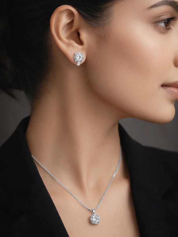 925 Fine Silver American Diamond Solitaire Pendant Necklace Set