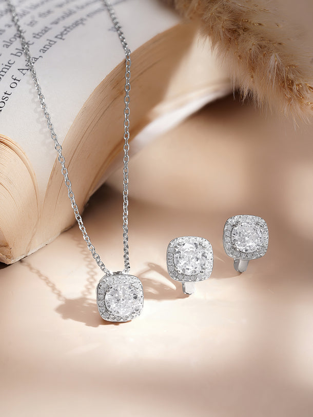 925 Fine Silver American Diamond Solitaire Pendant Necklace Set