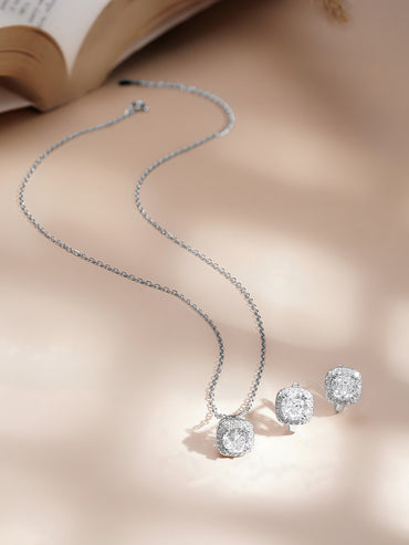 925 Fine Silver American Diamond Solitaire Pendant Necklace Set