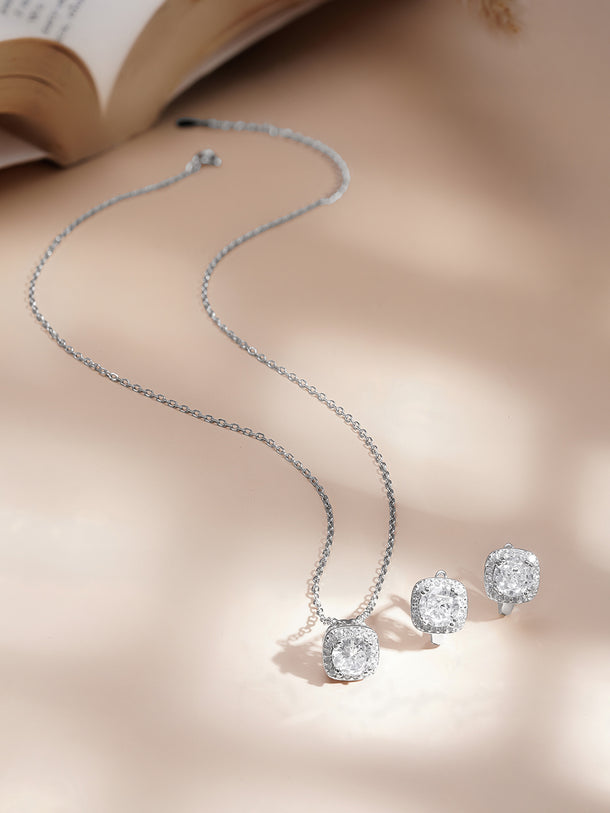 925 Fine Silver American Diamond Solitaire Pendant Necklace Set