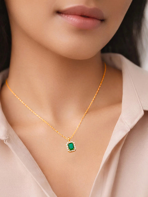 925 Fine Silver Emerald Halo Diamond Pendant Necklace