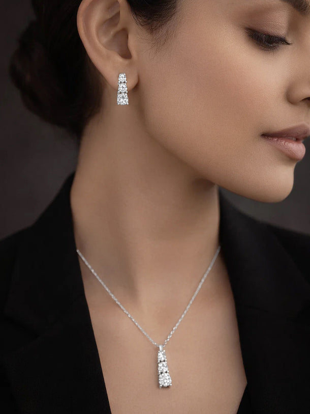 925 Fine Silver Diamond Cascade Pendant Set