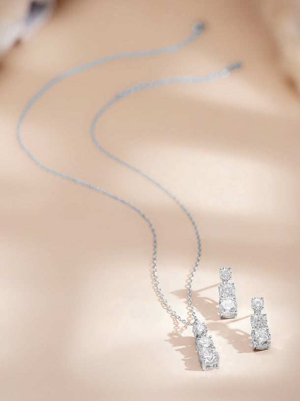 925 Fine Silver Diamond Cascade Pendant Set