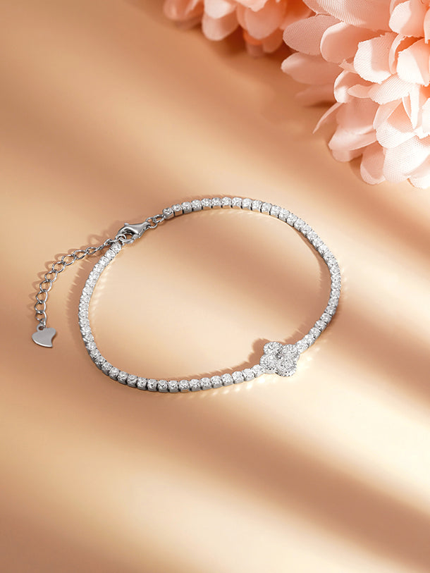 925 Fine Silver Diamond Clover Spark Bracelet