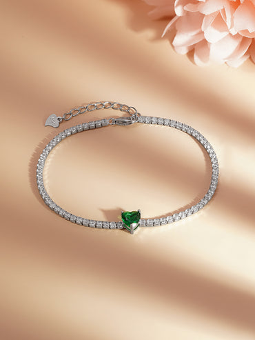 925 Fine Silver Emerald Heart Tennis Bracelet