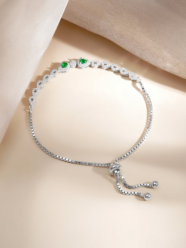 925 Fine Silver Emerald Charm Pull Bracelet