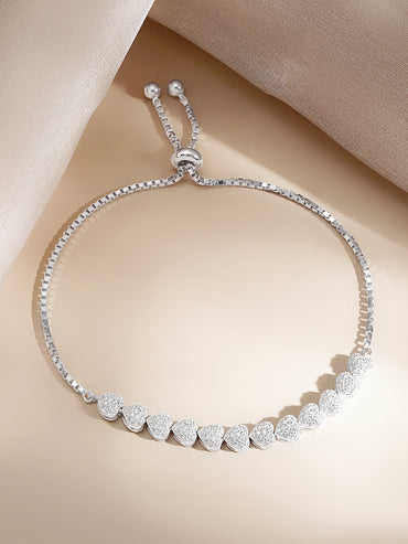 925 Fine Silver Crystal Heart Charm Adjustable Bracelet