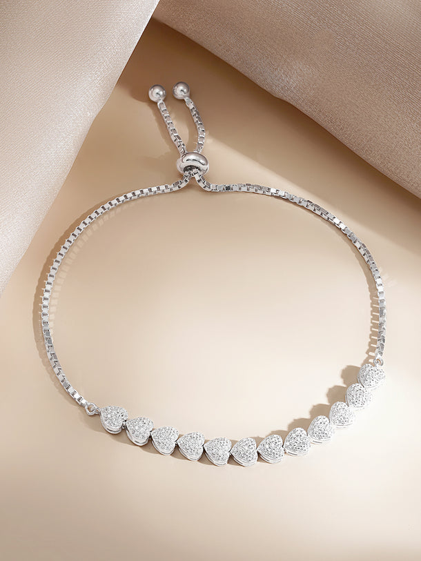 925 Fine Silver Crystal Heart Charm Adjustable Bracelet