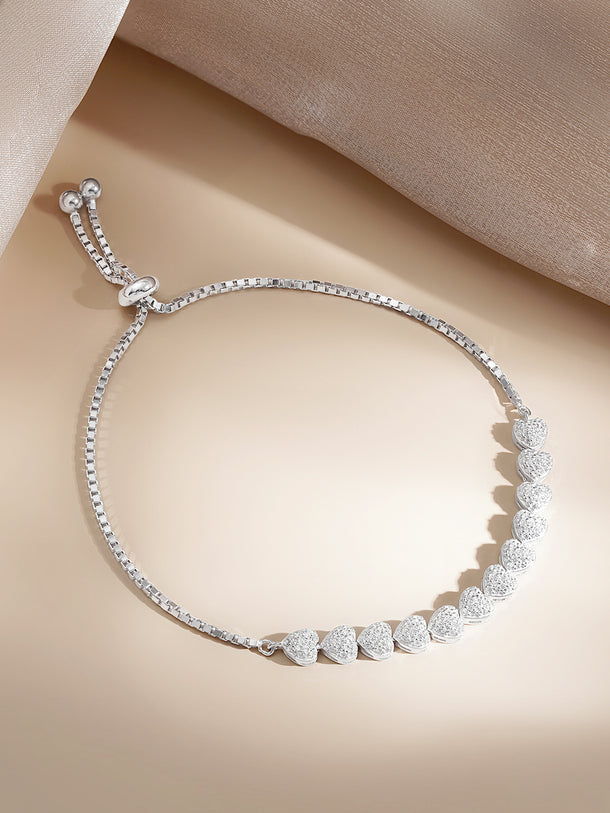 925 Fine Silver Crystal Heart Charm Adjustable Bracelet