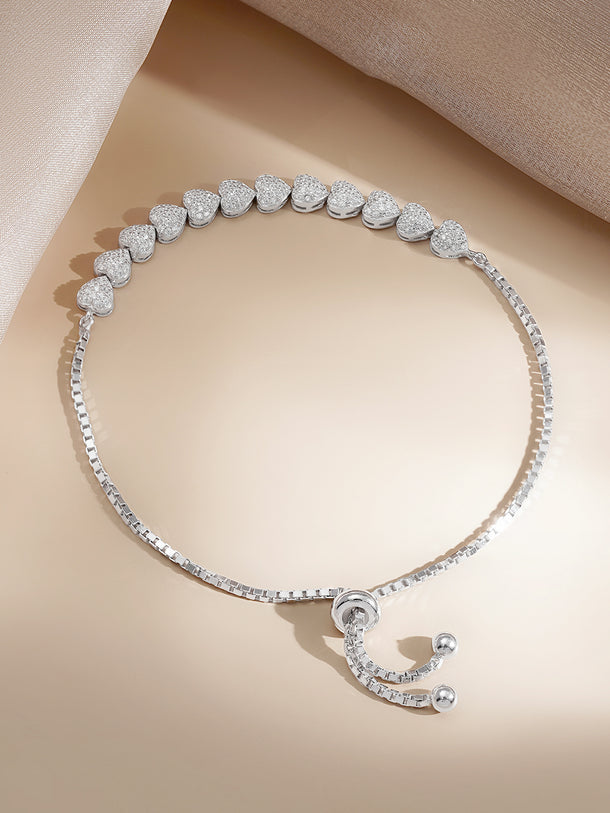 925 Fine Silver Crystal Heart Charm Adjustable Bracelet