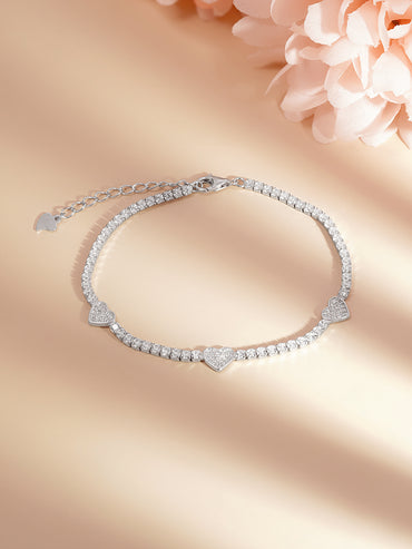 925 Fine Silver Sparkling Mini Heart Charm Bracelet