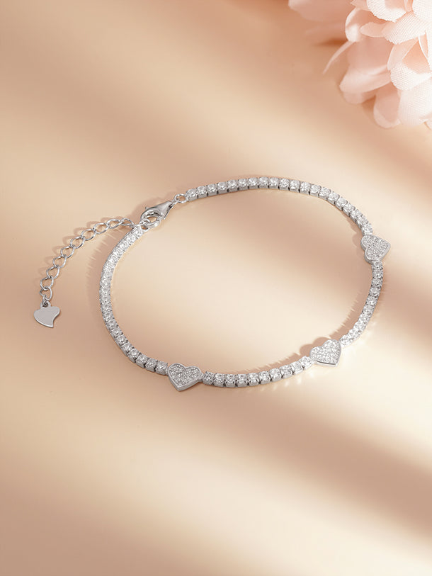925 Fine Silver Sparkling Mini Heart Charm Bracelet