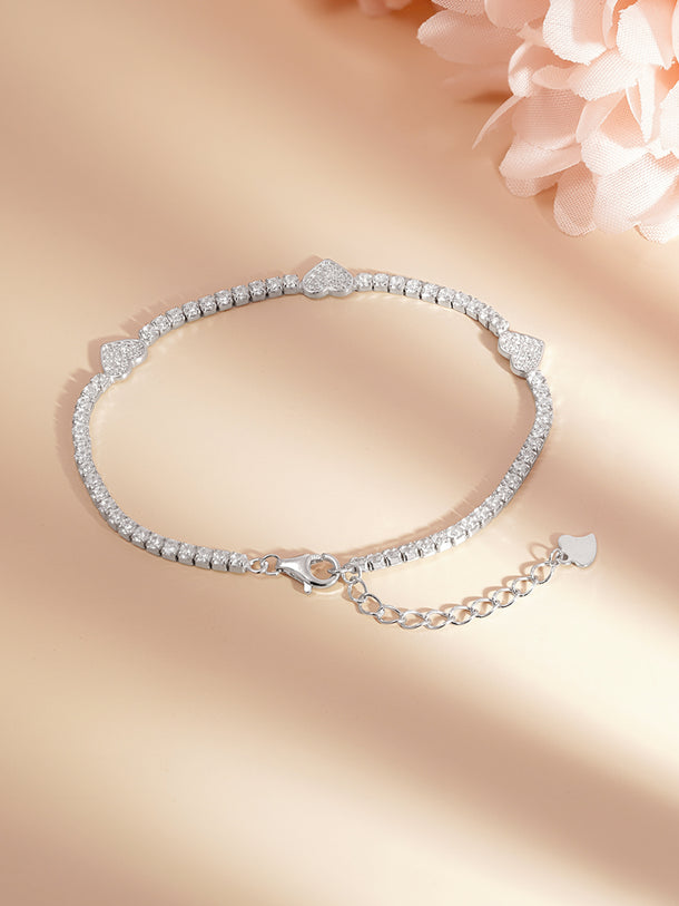 925 Fine Silver Sparkling Mini Heart Charm Bracelet