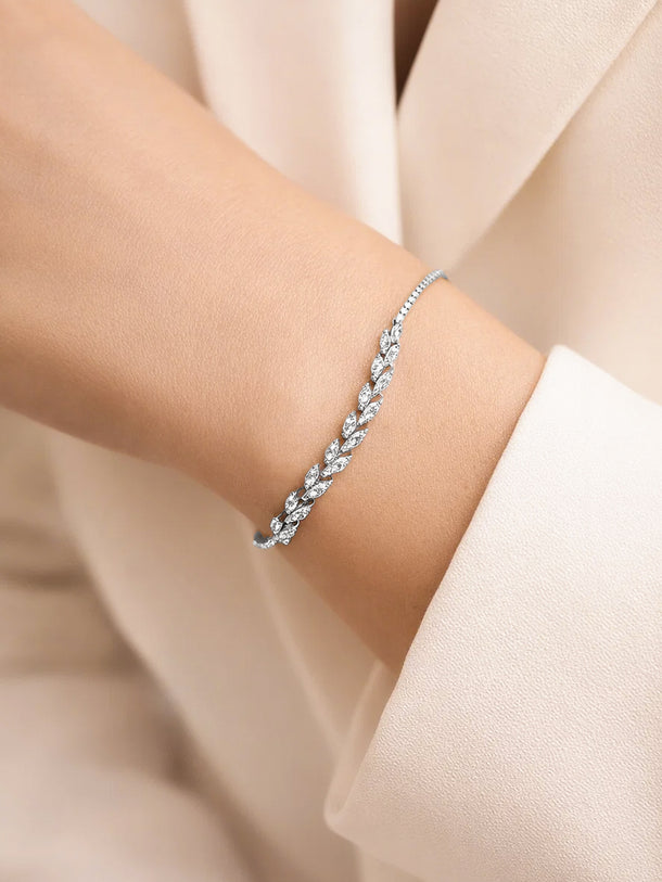 925 Fine  Silver Crystal Leaf Vine Chain Bracelet