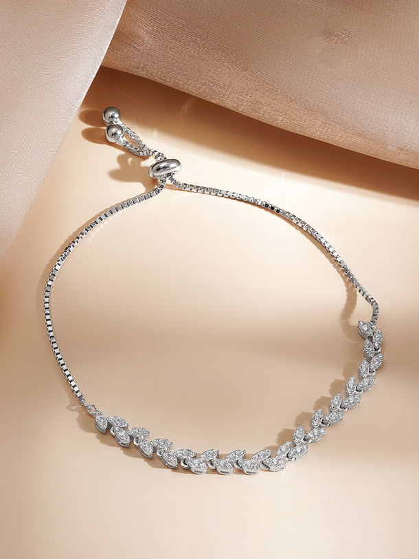 925 Fine  Silver Crystal Leaf Vine Chain Bracelet