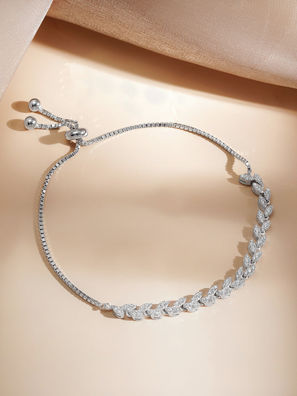 925 Fine  Silver Crystal Leaf Vine Chain Bracelet
