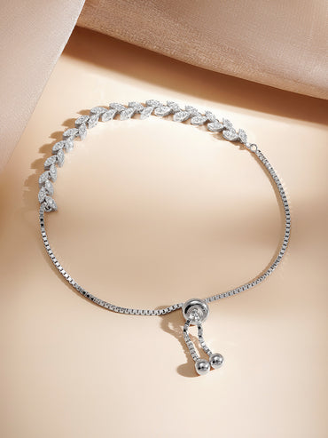 925 Fine  Silver Crystal Leaf Vine Chain Bracelet