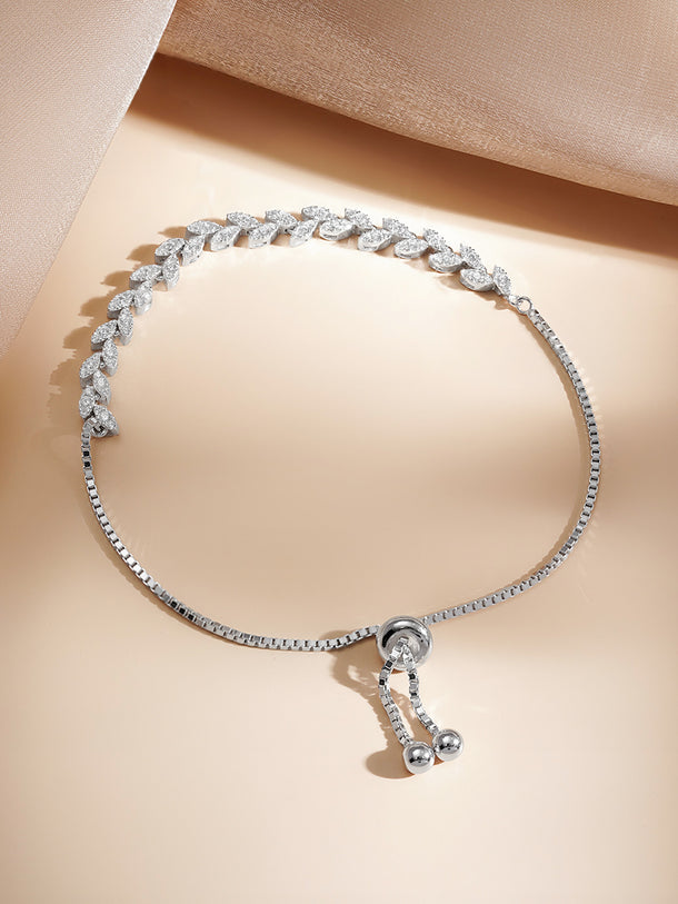 925 Fine  Silver Crystal Leaf Vine Chain Bracelet