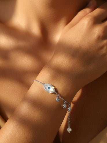 925 Fine Silver Crystal Evil Eye Charm Bracelet