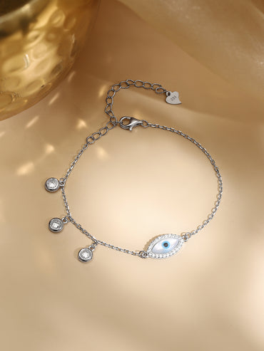 925 Fine Silver Crystal Evil Eye Charm Bracelet