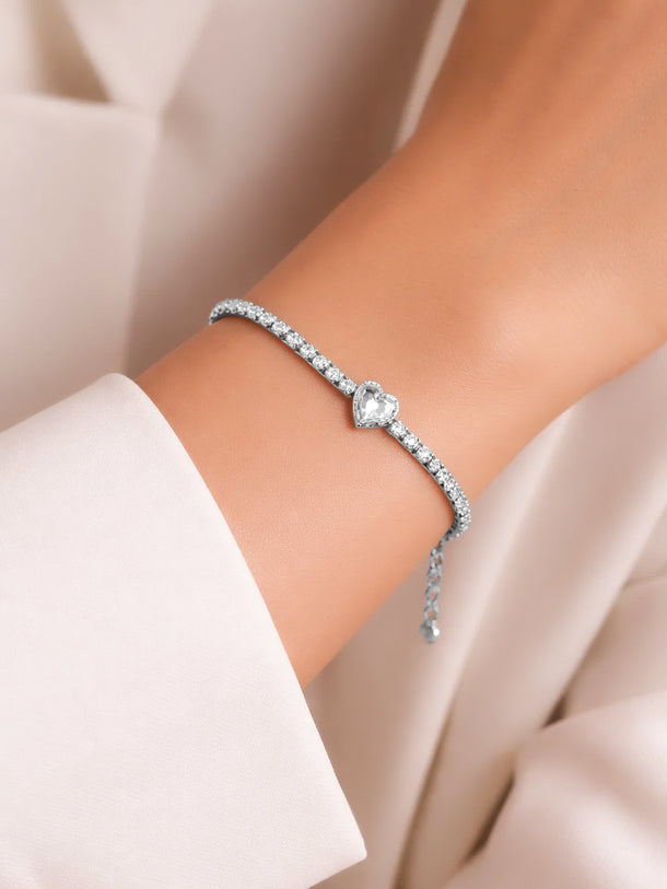925 Fine Silver Heart Crystal Tennis Bracelet