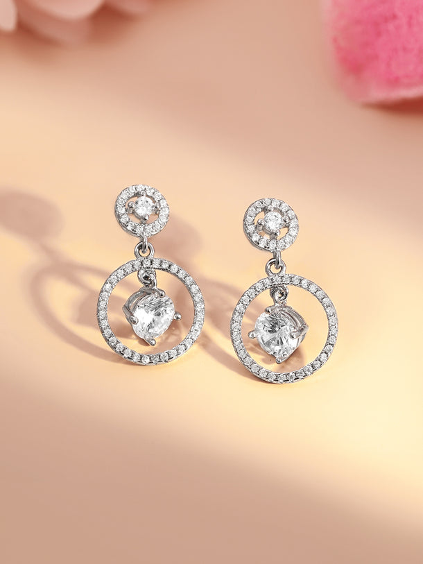 925 Fine Silver Halo Diamond Circle Drop Earrings