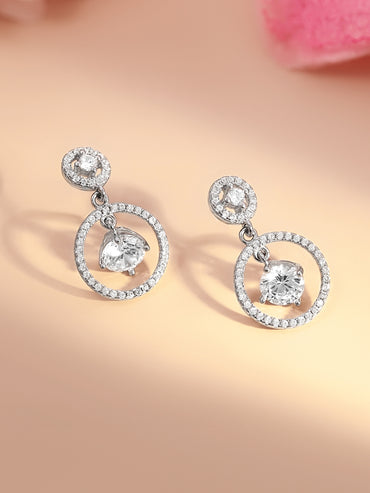 925 Fine Silver Halo Diamond Circle Drop Earrings